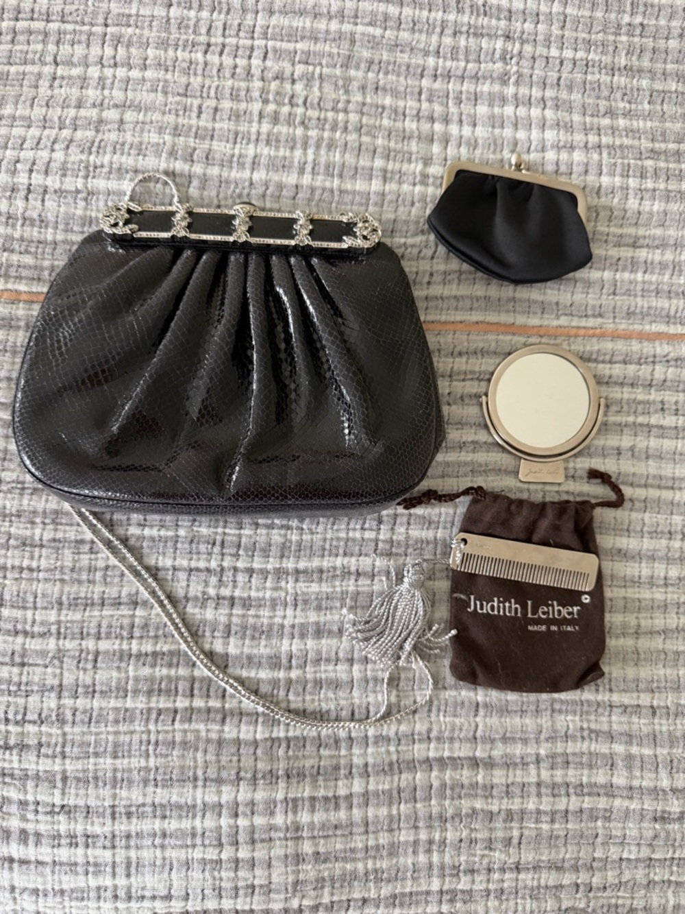 Judith Leiber Black Snakeskin Evening Clutch with Silver Chain